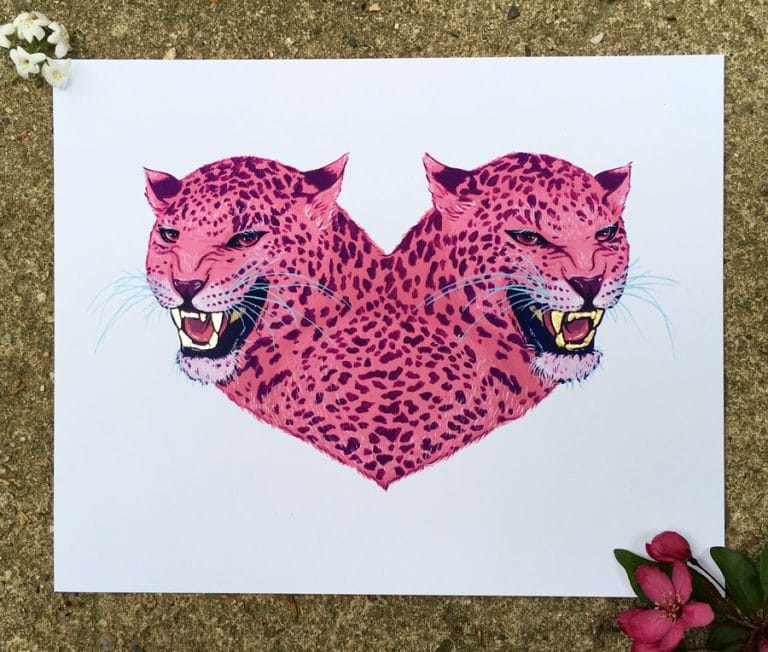 leopard heart | gouache, ink, gold foil | 9x12"
