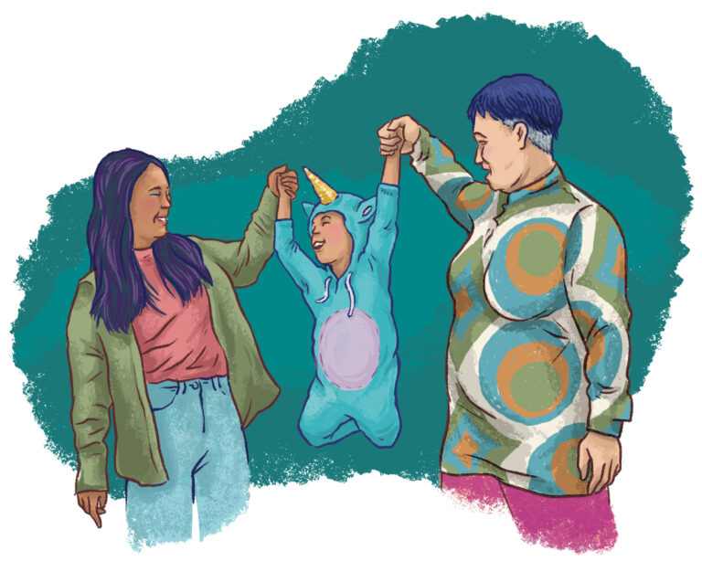 Illustration of two adults lifting a small child into the air. The child wears a bright blue unicorn costume.