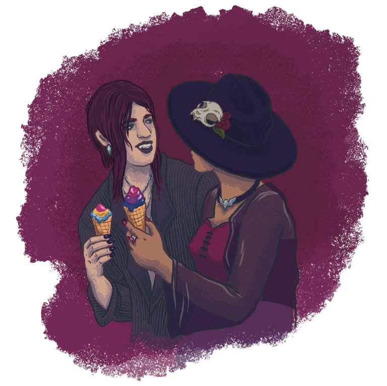 Illustration of two people holding soft serve ice cream cones. One ice cream cone is the colors of the pansexual pride flag; the other cone is the color of the bisexual pride flag