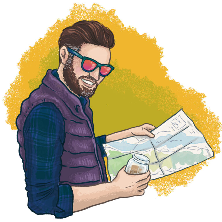Illustration of a person holding an unfolded map and a mason jar of coffee