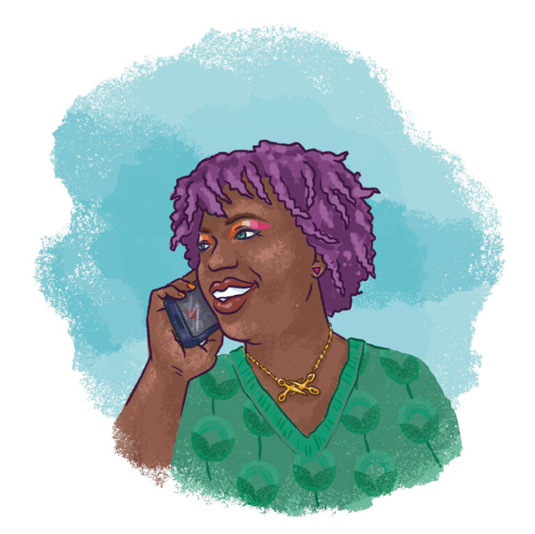 Illustration of a person talking on a phone. They're wearing eye shadow in the colors of the lesbian/sapphic pride flag and a necklace featuring two scissors.