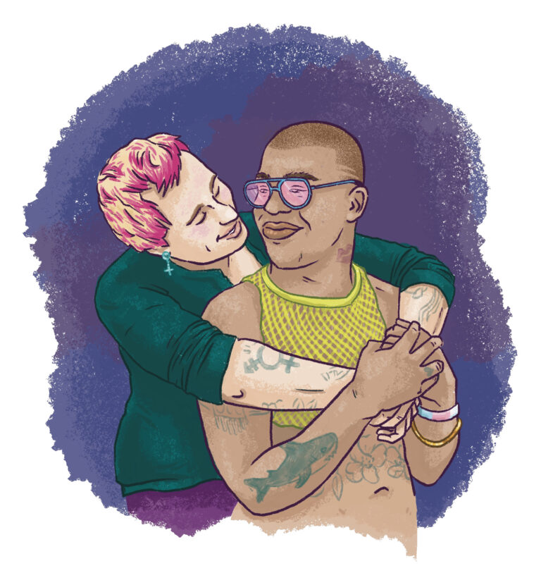 Illustration of two masculine people embracing.