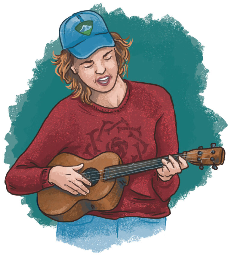 Illustration of a person strumming a small guitar and singing.