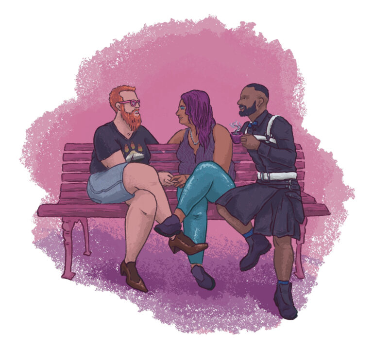 An illustration of three people on a park bench.