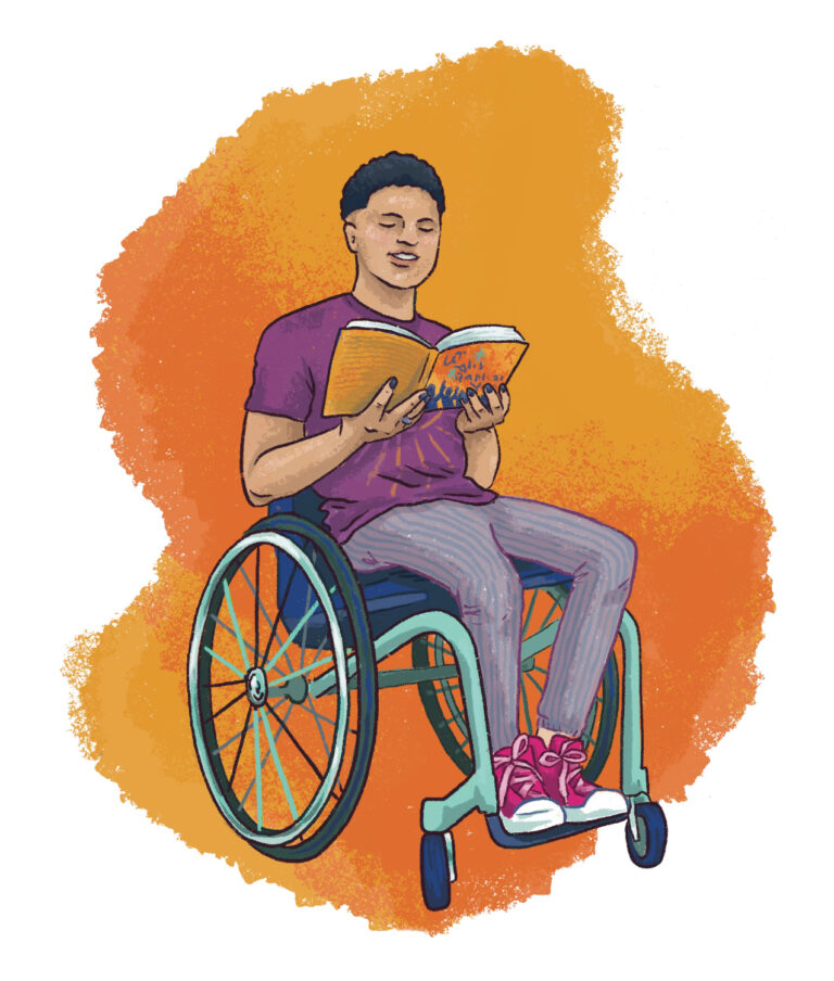 Illustration of a person sitting in a mint colored wheelchair and reading a book.