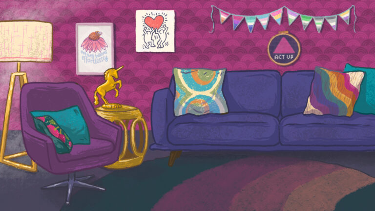 Illustration of a room with a cobalt couch and purple chair against magenta wallpaper. Surrounding the couch are pieces of art including a golden unicorn sculpture, a string of queer pride pennant flags, and various prints.