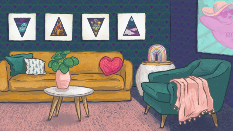 Illustration of a cozy room with a mustard colored couch and emerald chair. the room is decorated with artwork