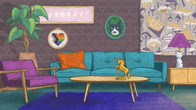 Illustration of a room with a bright teal couch. Surrounding the couch are pieces of art including a golden unicorn sculpture, cat portrait, and needlepoint of a heart-shaped progress pride flag.